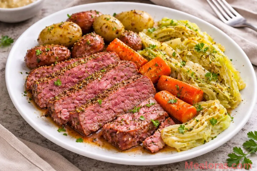 A single serving of sliced corned beef and cabbage drizzled with garlic herb butter