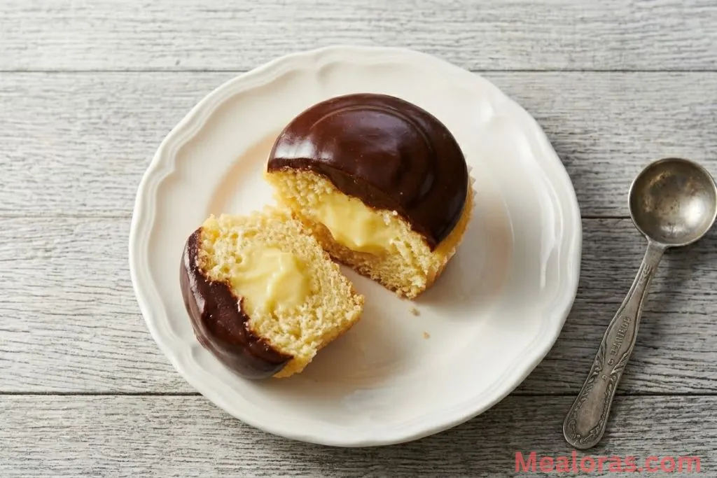 A plated Boston Cream Pie Cupcake with a bite taken out to show the cream center