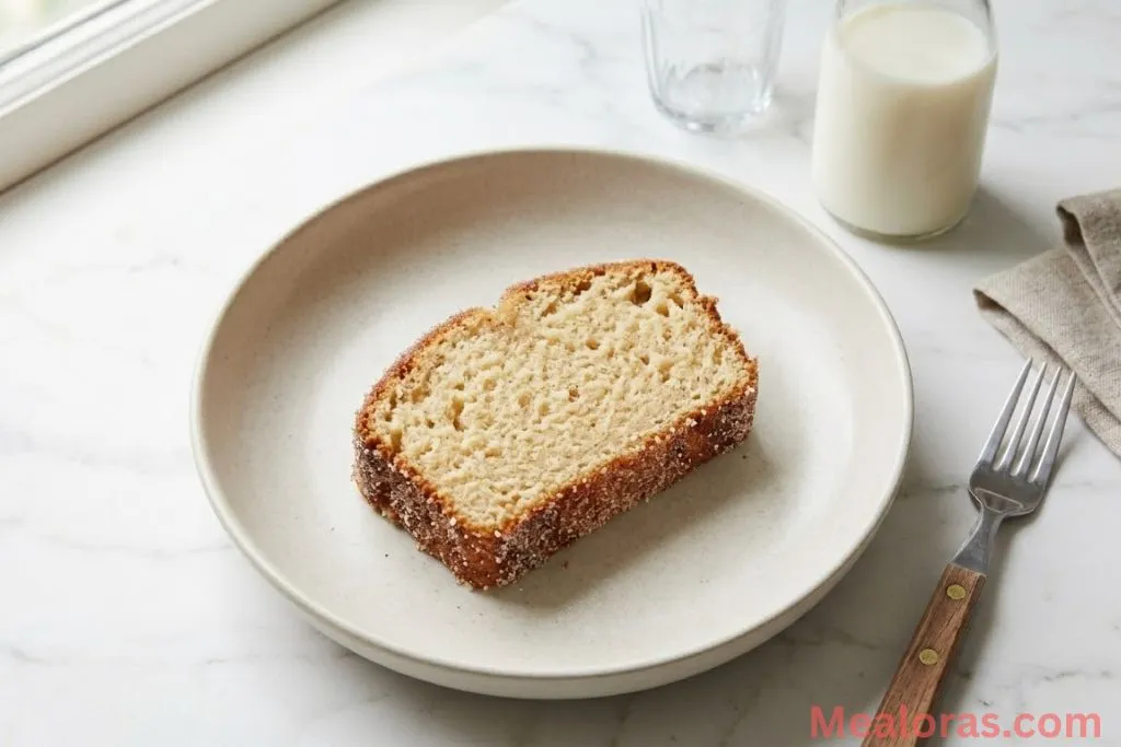 slice of Cinnamon Sugar Donut Bread served on a plate with a glass of milk