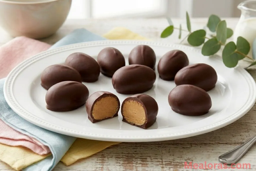 A beautiful display of finished peanut butter eggs ready for serving.