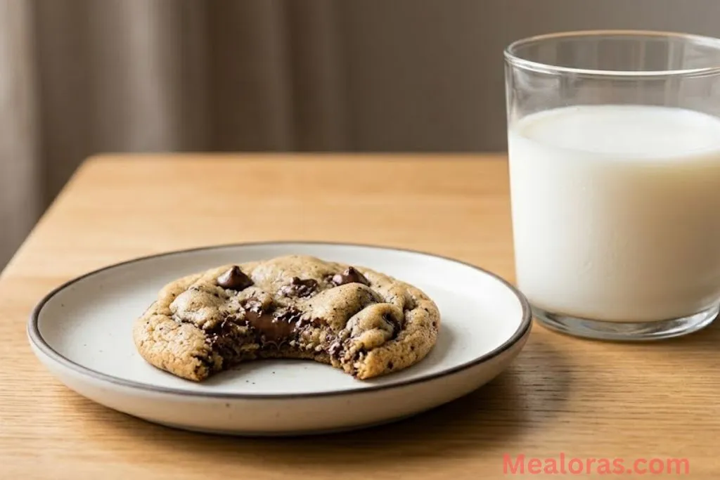 A stack of espresso chocolate chip cookies with a glass of milk