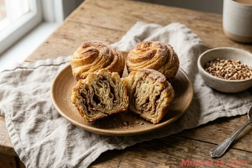 A stack of sugared Cruffins ready to be served on a white plate