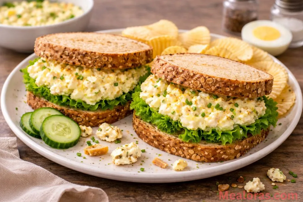 A beautifully plated egg salad sandwich served 