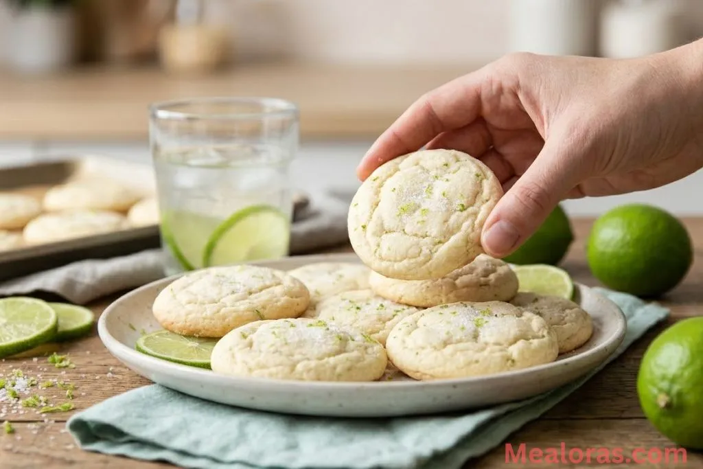 A stack of finished lime sugar cookies on a cooling rack