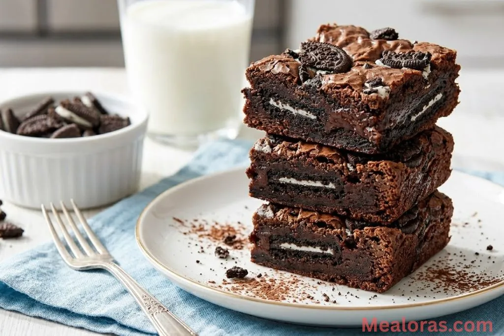 A stacked pile of Oreo brownies served with a cold glass of milk