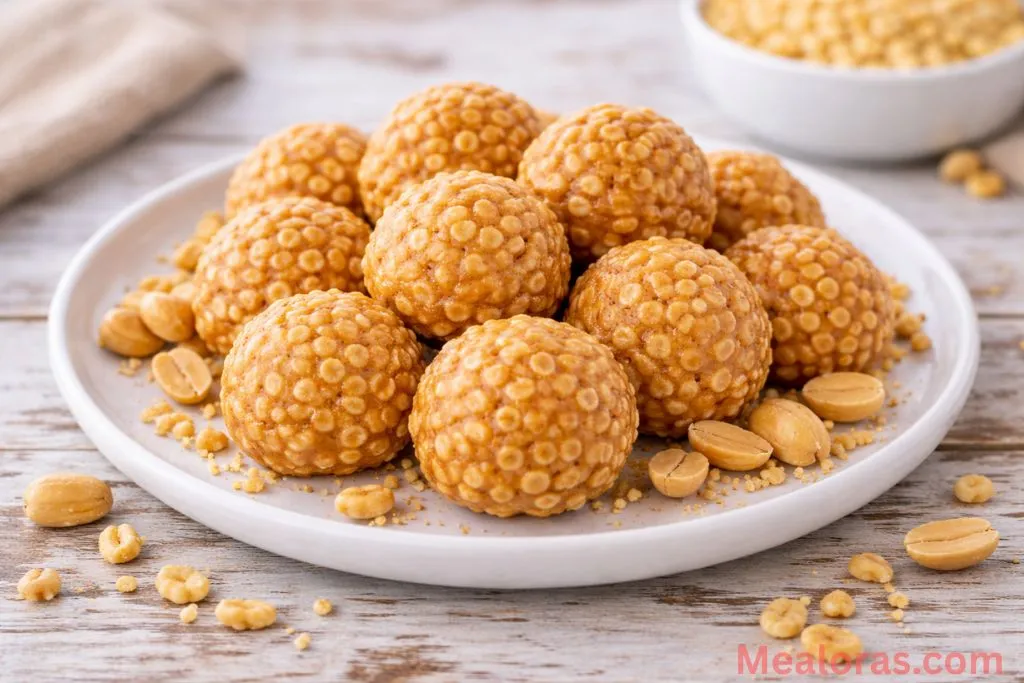 A platter of finished peanut butter rice crispy treats ready to serve