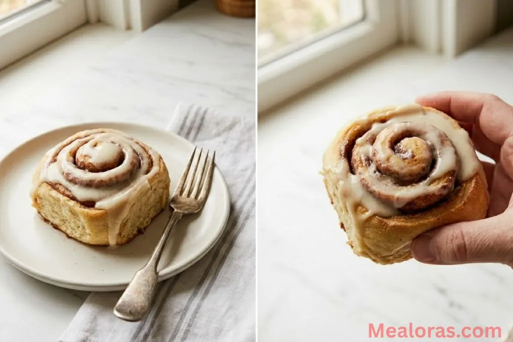 A single sourdough cinnamon roll on a white plate with a fork