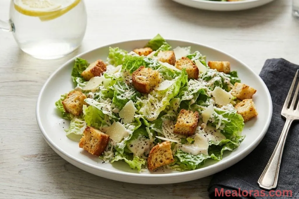 Plated Caesar salad on a white marble background with a fork