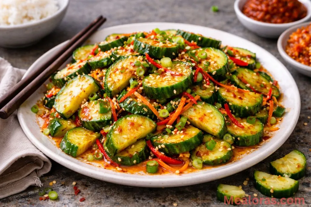 Chilled Korean Cucumber Salad served in a white bowl with chopsticks