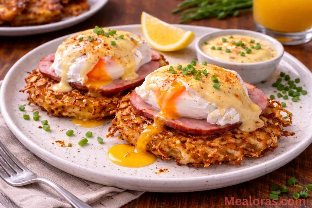 Two plated Latke Eggs Benedict served with a side of fresh fruit