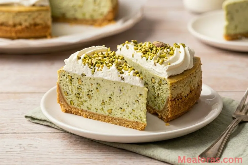 pistachio cheesecake on a white plate with a fork nearby