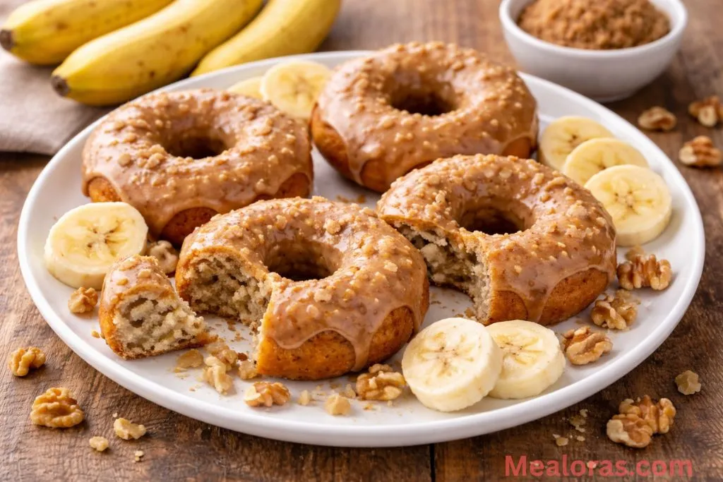 glazed banana donuts served on a white plate with a fresh banana garnish
