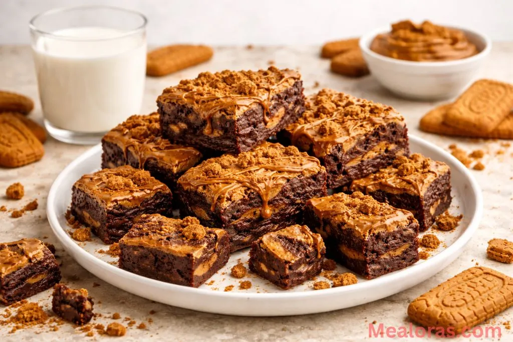 A single Biscoff brownie served on a small plate with a glass of cold milk nearby