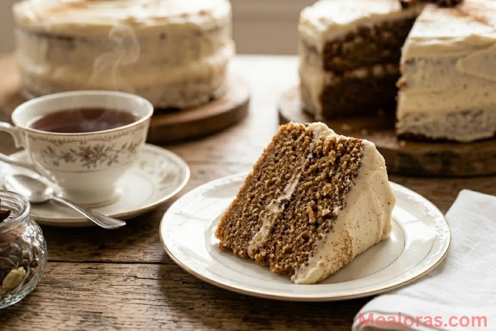 A beautiful slice of chai cake on a white plate ready to be eaten