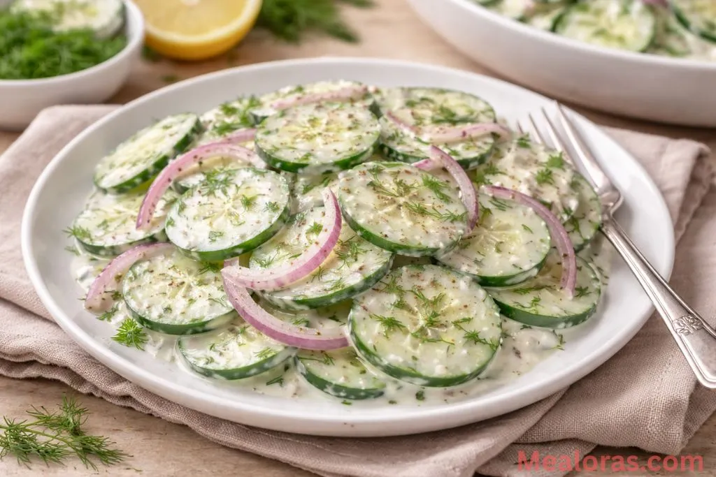 a single serving of chilled cucumber salad in a small glass dish