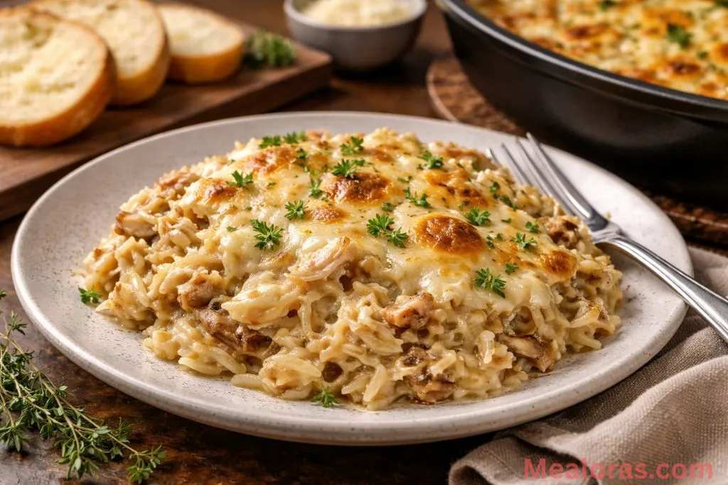 wooden spoon scooping a portion of cheesy chicken orzo from a skillet