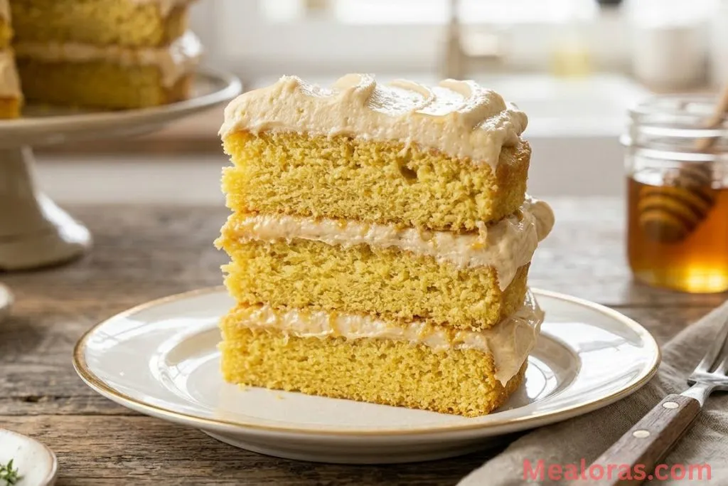 A single slice of layered cornbread cake on a white plate with extra honey drizzle