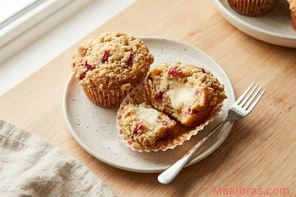 A single strawberry cream cheese muffin split open to show the creamy center