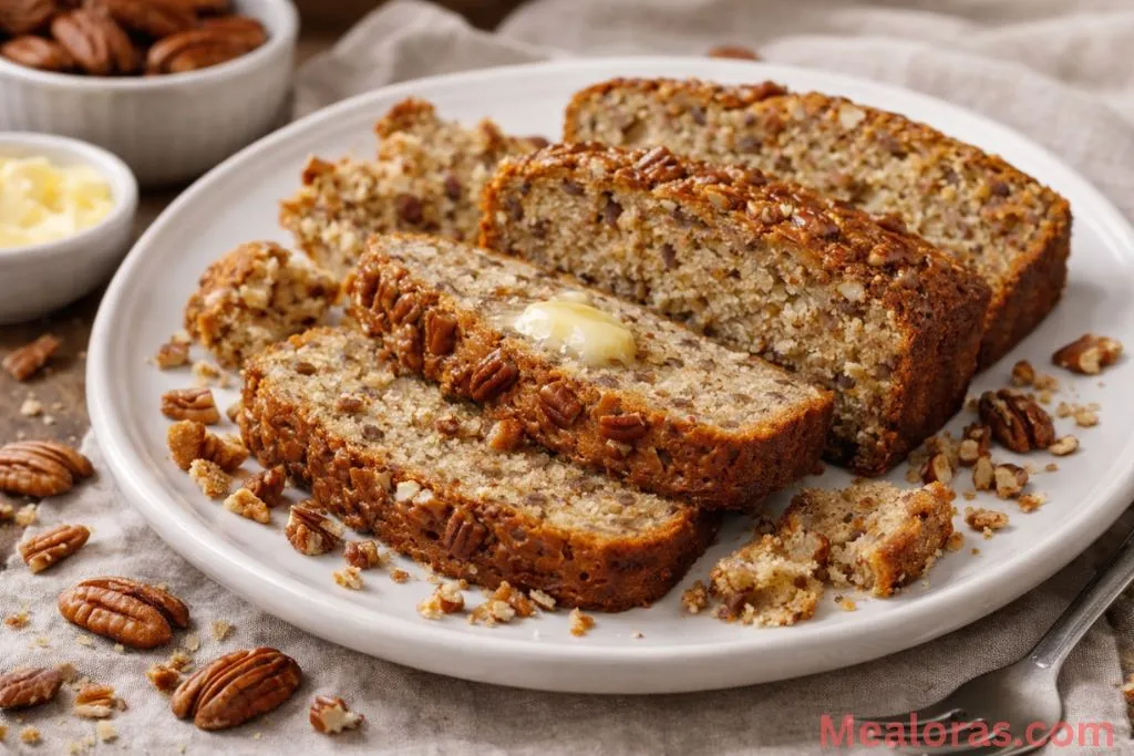 plated square of pecanbread served with a dollop of whipped cream