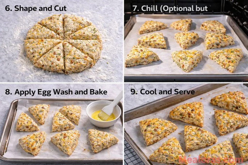 Cutting scone triangles and brushing with egg wash