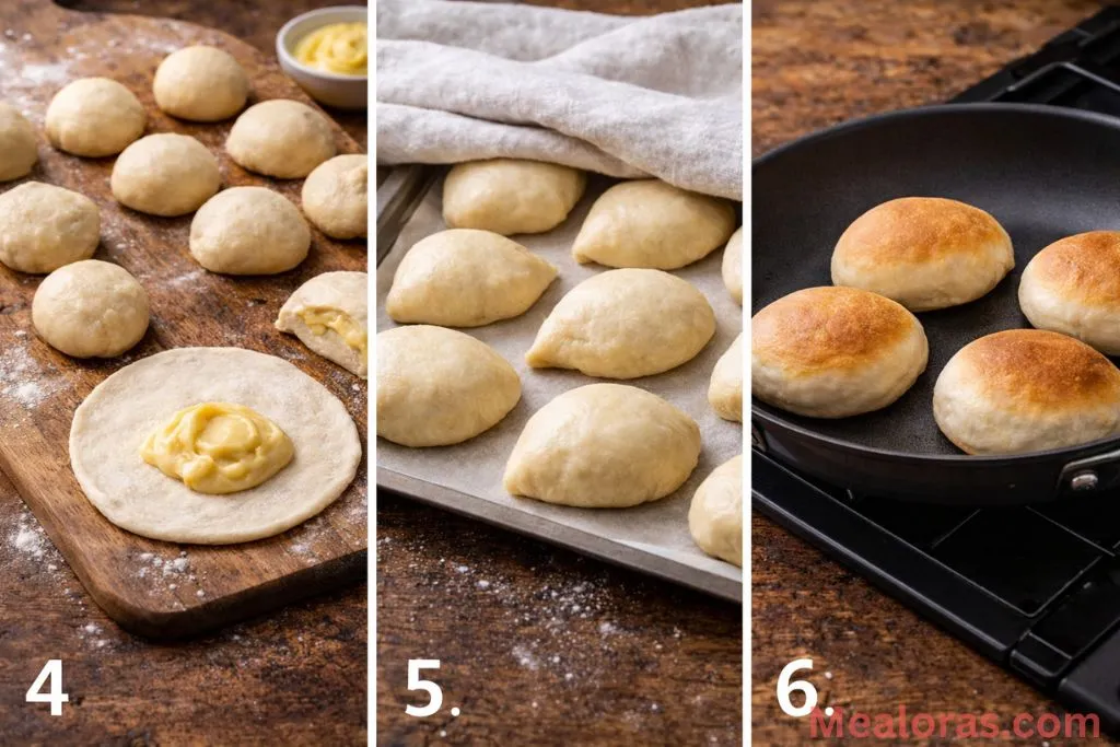 Collage showing buns being filled with custard, sealed, and cooking in a covered pan.