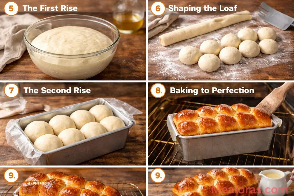 Steps showing shaping dough balls, second rise, and baking