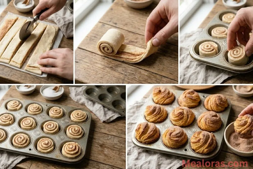 Sliced pastry strips being rolled and placed into a muffin tin