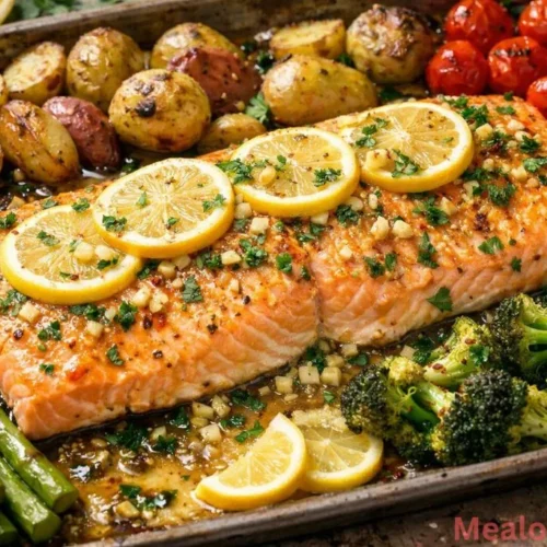 a golden roasted lemon garlic butter salmon fillet on a sheet pan