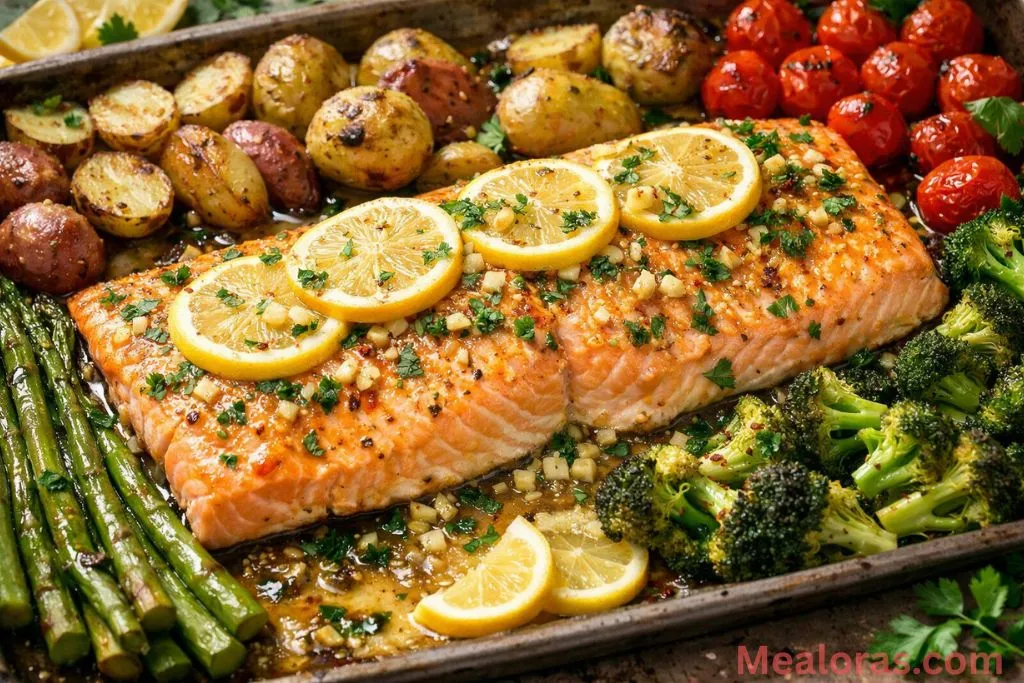 a golden roasted lemon garlic butter salmon fillet on a sheet pan