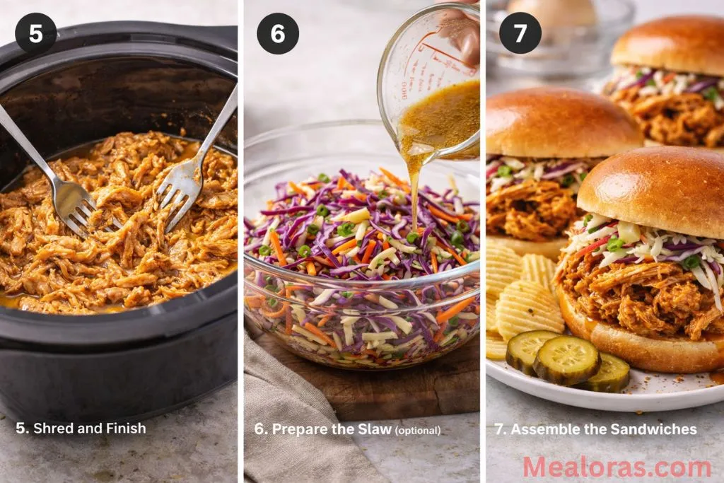 chicken being shredded with two forks and the sauce thickening with a slurry