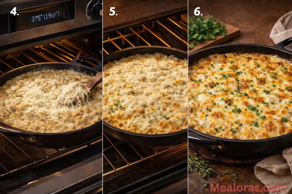 showing broth being added to the pan and the final layer of cheese being baked