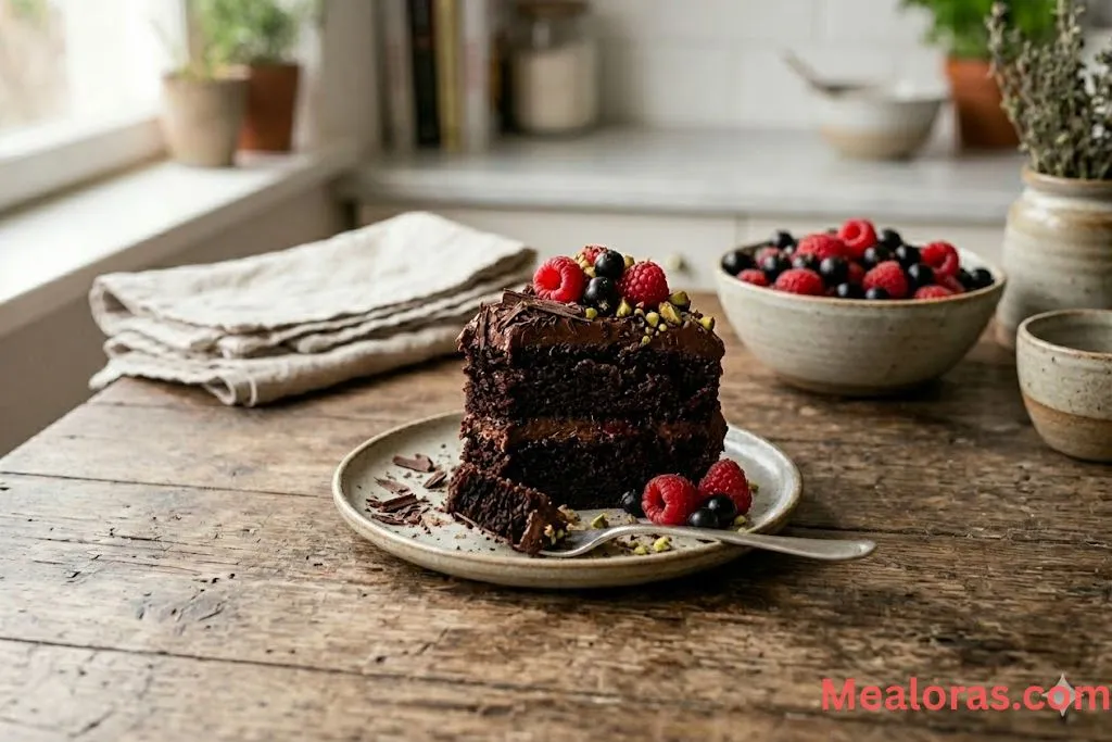 A close-up shot of a fork taking a bite out of a moist, dark chocolate cake slice