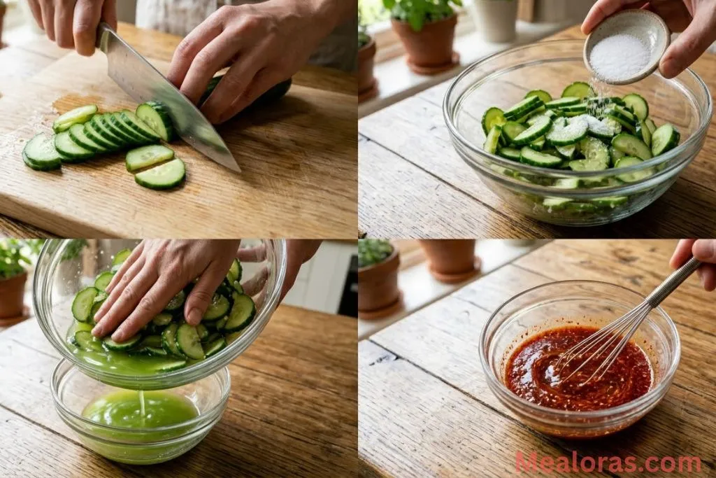 Slicing cucumbers and drawing out moisture with salt in a glass bowl