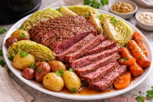 Sliced tender corned beef brisket with cabbage, carrots, and potatoes on a platter