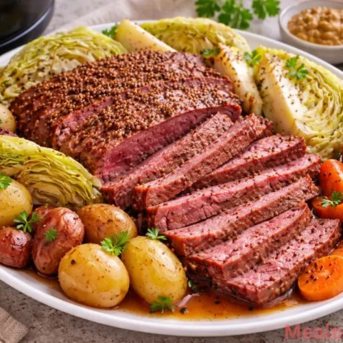Sliced tender corned beef brisket with cabbage, carrots, and potatoes on a platter