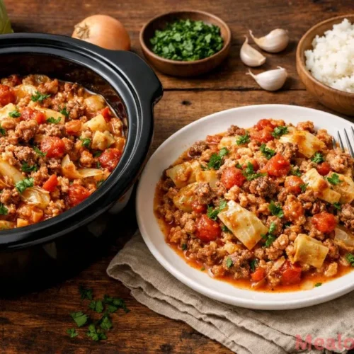 A deep bowl of tender cabbage and ground beef in a rich tomato sauce