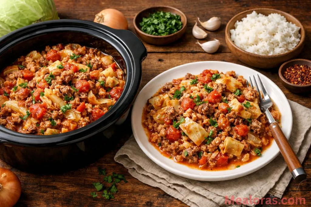 A deep bowl of tender cabbage and ground beef in a rich tomato sauce