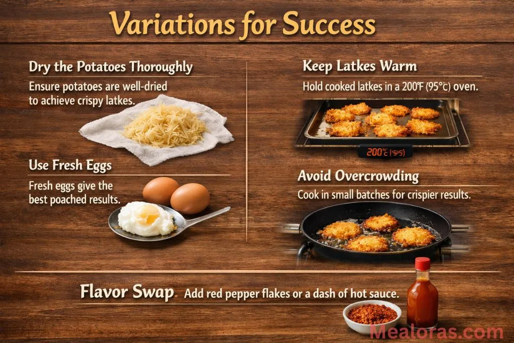 Latke Eggs Benedict topped with smoked salmon and red pepper flakes