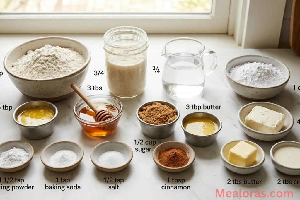 Raw ingredients including sourdough discard, flour, cinnamon, and butter on a clean background