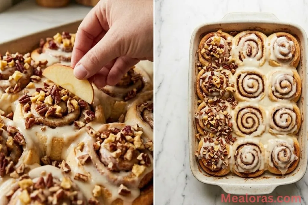 Sourdough cinnamon rolls topped with chopped pecans and apple slices
