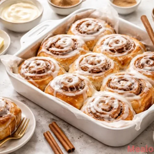 of glazed sourdough discard cinnamon rolls on a white marble surface
