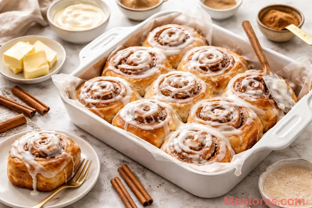 of glazed sourdough discard cinnamon rolls on a white marble surface