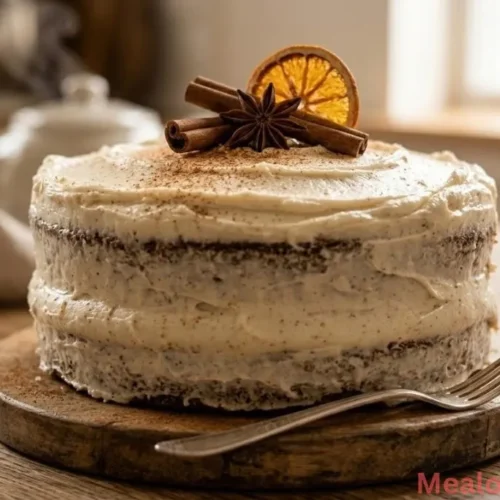 A two-layer brown sugar chai cake with thick swirls of cream cheese frosting.