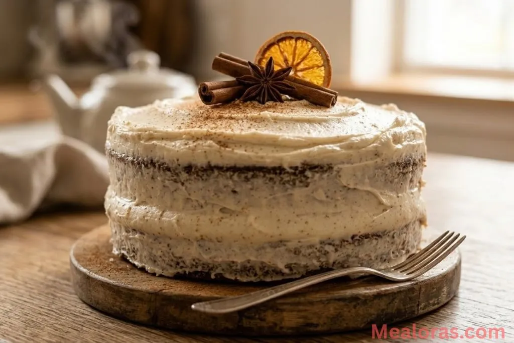 A two-layer brown sugar chai cake with thick swirls of cream cheese frosting.