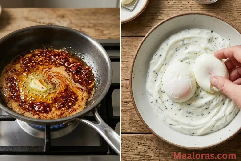 Melting butter with red spices and drizzling it over eggs and yogurt