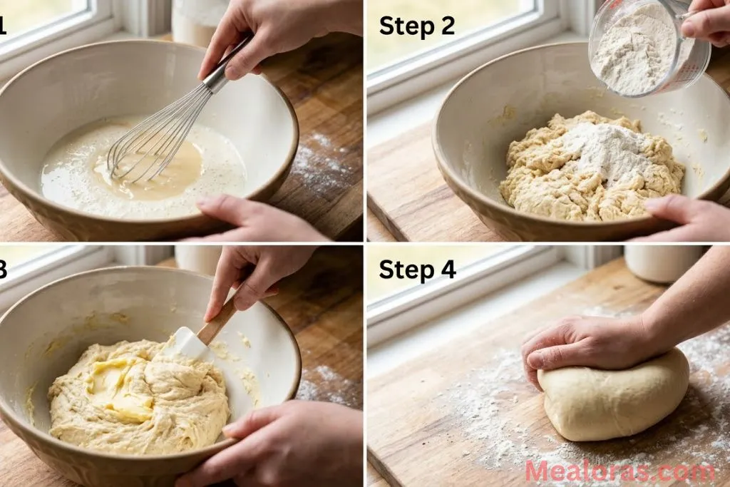 Steps showing mixing yeast, adding flour, and kneading dough