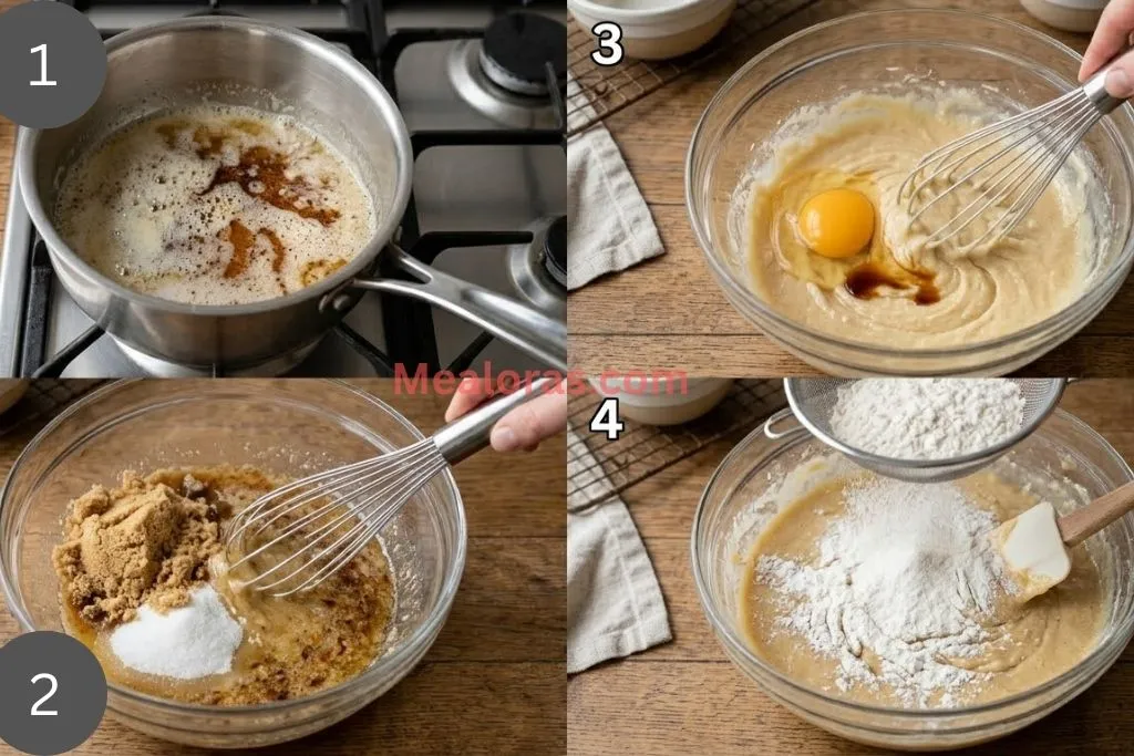 Grid showing browning butter in a pan, whisking sugars, and adding dry ingredients