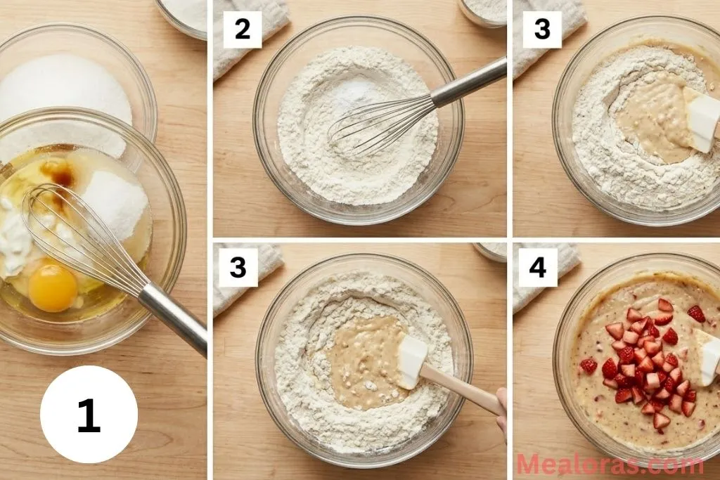 Process shots of mixing muffin batter and preparing the cream cheese filling