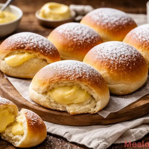 A pile of golden-brown stovetop custard cream buns dusted with powdered sugar