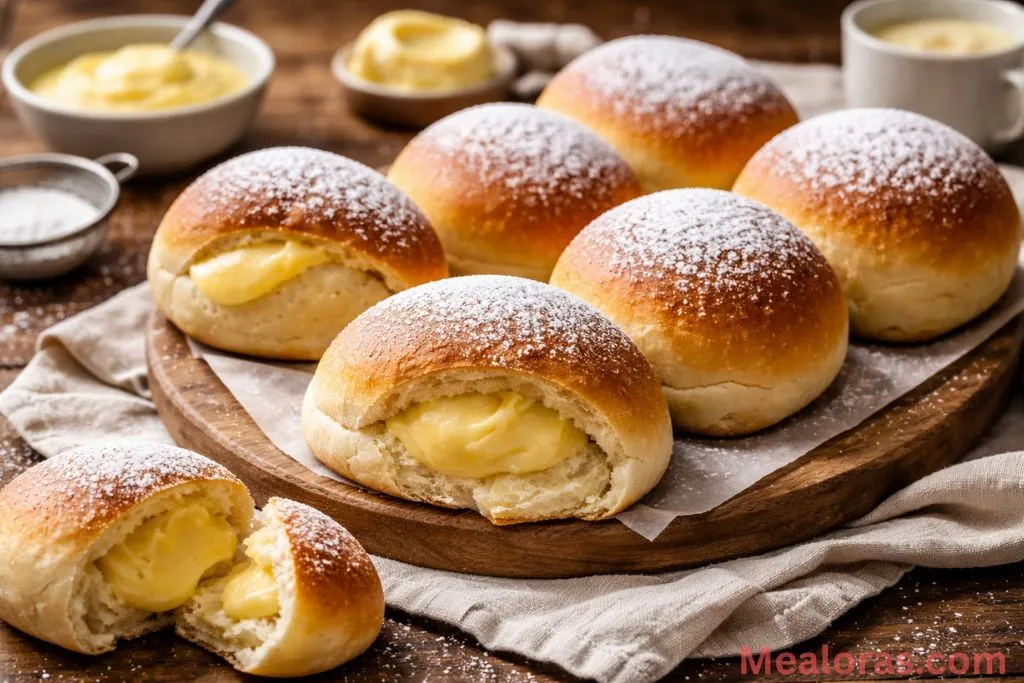 A pile of golden-brown stovetop custard cream buns dusted with powdered sugar